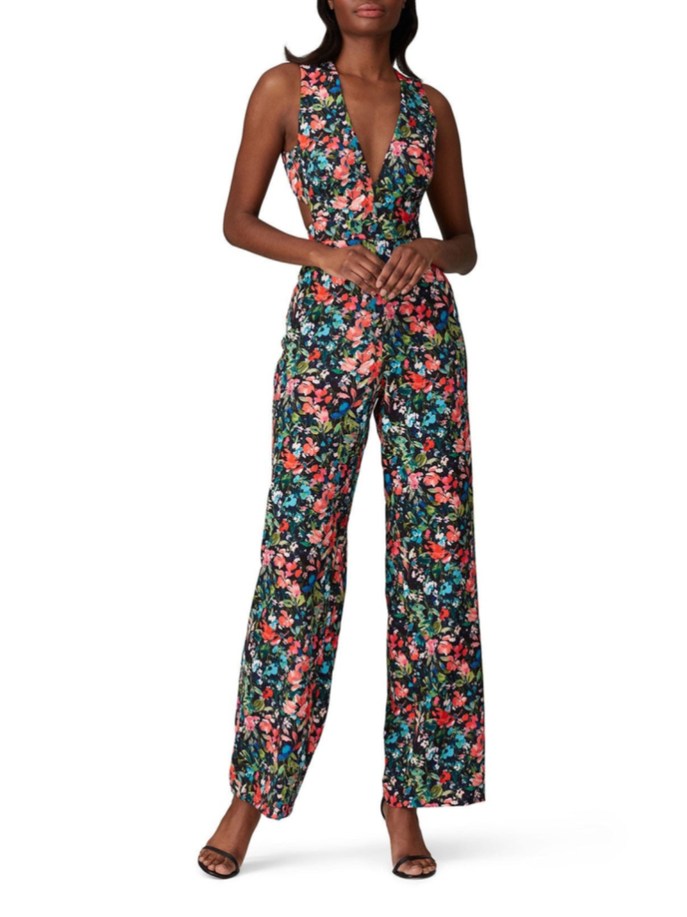 Aidan Mattox Floral Plunging V-Neck Open-Back Wide Leg Jumpsuit Size 10 EUC - Picture 1 of 10